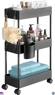 Carro de almacenamiento rodante delgado Pipishell de 3 niveles con ruedas - organizador negro para Foto 1 de 4