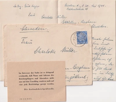 WW2 - DRESDEN to Sweden Berlin Censored Cover - Postal Instruction & Letter - Image 1 of 4