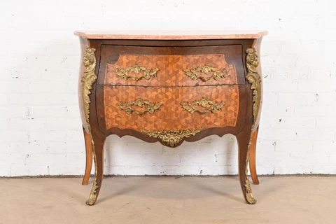 Antique French Louis XV Marble Top Bombay Chest Commode With Mounted Ormolu Cover