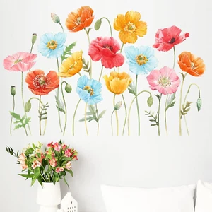 Spring Large Poppy Flower Wall Decals Stickers, Summer Watercolor Floral Living - Picture 1 of 7