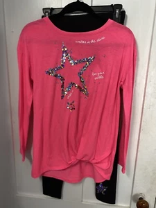 Justice Girls Sz14/16 Pink L/S Top Sequin Stars w/ Black Leggings Sequin Stars - Picture 1 of 6