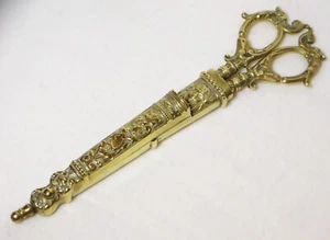 Antique Victorian Sewing Scissors Dagger w/ Brass Handles & Sheath - Picture 1 of 22