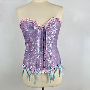 NWOT Corset 2XL Pink Blue Damask Satin Stays Ruffles Front Closure Back Lace Up