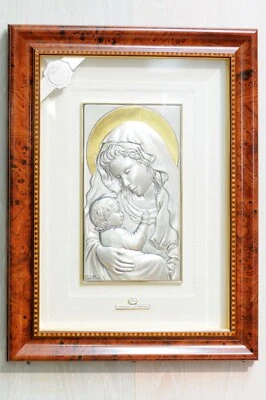 QUADRO MADONNA icona in argento 925 con particolari dorati e cornice in legno - Immagine 1 di 3