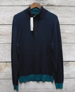 Calvin Klein Sweater Mens Size Large Navy Blue & Green Zip Neck Sweater New - Picture 1 of 4