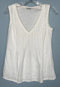 Boden 100% Linen Pintuck Front Trim V-Neck Top Sleeveless White Size 4 - Picture 1 of 7