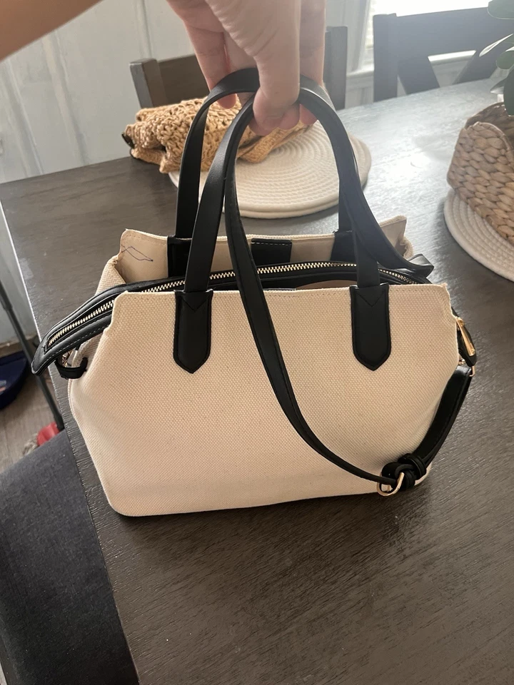 Canvas Tote Handbag with Black Leather Trim Structured Crossbody Shoulder Bag - Image 1 of 4