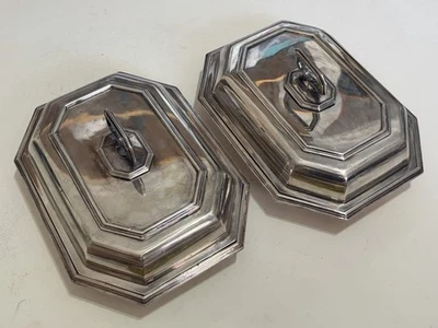 Platos para servir cubiertos Art Deco de la era eduardiana chapados en plata 2 piezas Foto 1 de 4