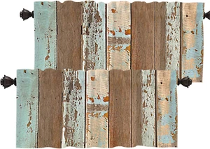 Rustic Wood Kitchen Valances Half Window Curtain, Brown Wooden Blue Wood Plank W - Picture 1 of 12