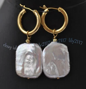 15x20mm Natural White South Sea Baroque Square Pearl Dangle Gold Hoop Earrings - Picture 1 of 6