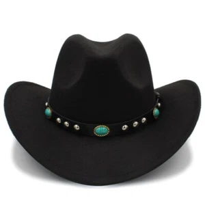 Black Western Cowboy, Cowgirl Hat, Turquoise Strap, Men Women Retro Wide Brim - Picture 1 of 5