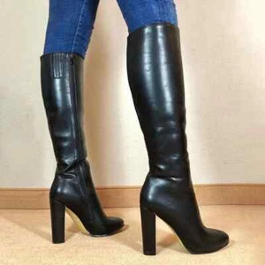 Women Knee High Boots Round Toe Thick Heels Full Zipper Faux Leather Boots Shoes - Picture 1 of 5