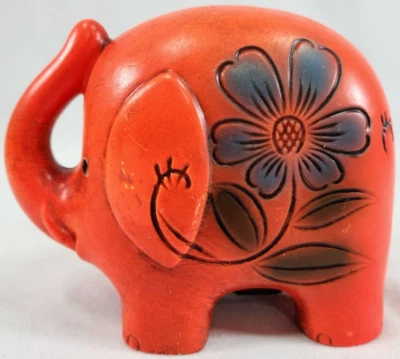 Mid Century Modern Red 5 Inch Elephant Bank With Floral Flower Details - Image 1 of 4