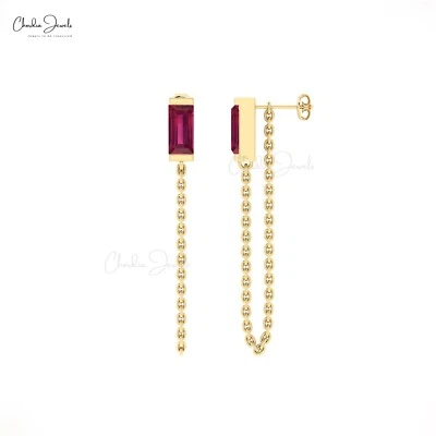 Chain Drop Earrings 14k Solid Gold 6x3mm Emerald Gemstone Studs Wedding Jewelry - Image 1 of 4