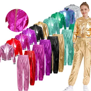 Kids Girls Hip Hop Jazz Shiny Metallic Bomber Jacket and Cargo Sweatpants Set - Picture 1 of 71