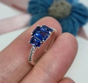 NEW BOXED Genuine Pandora Blue Rectangular Three Stone Sparkling Ring Size 54 💕 - Picture 1 of 10
