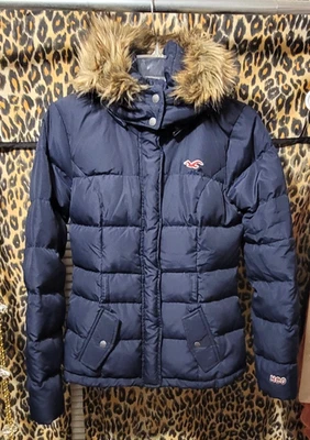 Hollister Junior Girl S Down Puffer Jacket Navy Blue Faux Fur Trim Hood - Image 1 of 4