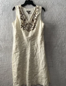 Kenar Womans Maxi Dress Beige 12 Geometric Bead Linen Sleeveless V Neck Zip - Picture 1 of 11