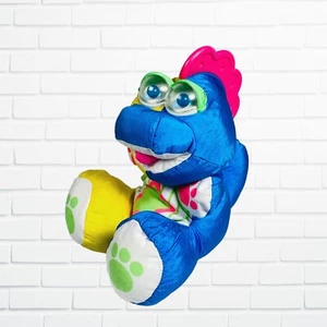 Vtg Fisher Price Neon Dinosaur Stuffed Animal Nylon Plush Puffalump Rattle Eyes - Picture 1 of 10