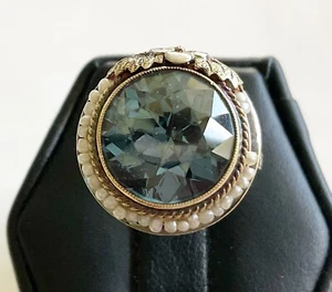 Antique 14k Blue Zircon And Pearl Two Toned Ring - Picture 1 of 7