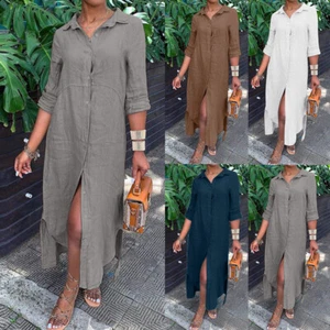 Womens Solid Turn Down Collar Shirt Dress Long Sleeve Cotton Linen Slip Dresses - Picture 1 of 35