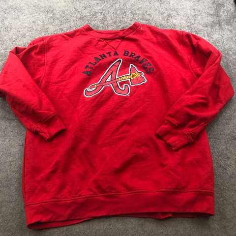 Atlanta Braves Sweatshirt Womens 2X Red Spell Out Big Logo Fleece Crewneck Cover