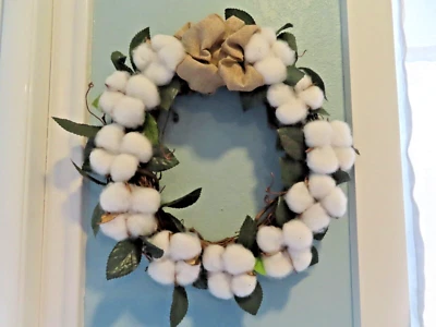 New White Cotton Ball Wreath with a Beige Cotton Ribbon 13" by  13" - Image 1 of 4