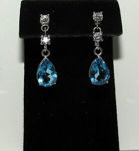 Dazzling Secondhand 18ct White Gold Blue Topaz and Diamonds Drop Earrings,3.4g