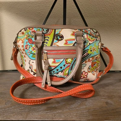 Spartina 449 Fall Autumn Paisley  Crossbody Bag Floral Print Canvas Leather Trim - Image 1 of 4