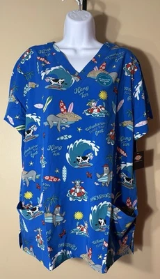 Dickies Womens Size XL Hang Ten Surfing Goats Sloths Cows Blue Scrub Top - Image 1 of 4