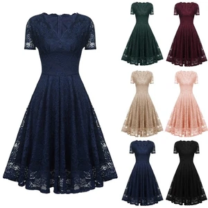 Womens Vintage Skater Dress Wedding Evening Prom Lace Dresses Bridesmaid SIZE uk - Picture 1 of 32