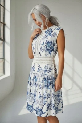 THURLEY Blue & White Floral Crochet Dress Size M - image 1 of 4