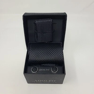 Adolfo Men's Tie Hanky + Cuff Link Set Black & Silver Gift Quality Box Set Gift - Imagem 1 de 4