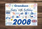 GRANDSON Happy 16th Birthday Card 2008 Year of Birth Facts Greetings Blue Him