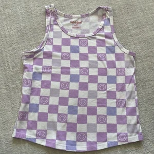 Cat & Jack Girls Tank Top Size S 6/7 Smiley Face Check Pattern Purple Blue White - Picture 1 of 8