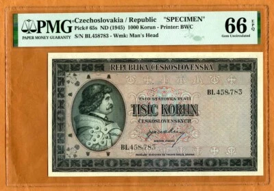 Czechoslovakia 1000 Korun ND (1945) P-65s Specimen PMG-66 EPQ Gem UNC - Image 1 of 2
