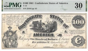 T-13 1861 $100 Confederate Cotton Wagon w/ Flourishes PF-6 PMG VF30 Better Grade - Picture 1 of 5