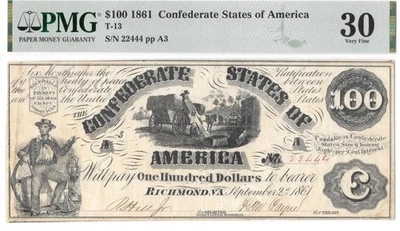 T-13 1861 $100 Confederate Cotton Wagon w/ Flourishes PF-6 PMG VF30 Better Grade - Image 1 of 4