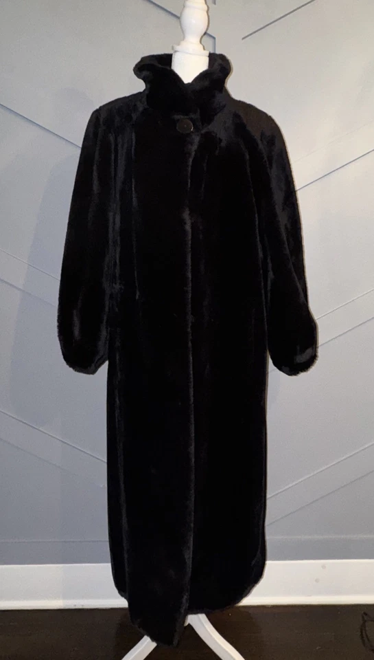 Vintage Steve by Searle Black Faux Fur Stand Collar Full Length Coat Size Large - Image 1 of 4