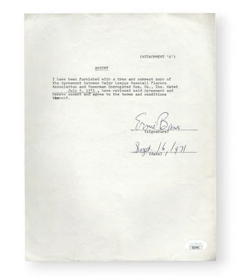 Ernie Banks Signed Autographed Contract Cubs HOFer 1971 JSA CB19762 - Image 1 of 3