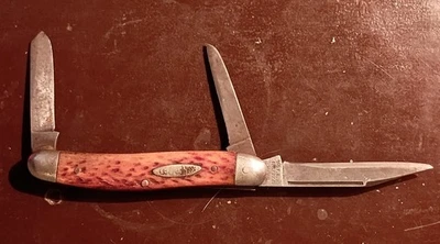 #63 F.A. BOWER Imp. Co. Solingen, Germany 3 Blade Red Jigged Bone Knife  - Image 1 of 4