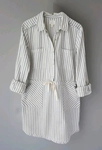 Caslon Shirt Dress M White Blue Stripe Raw Edges Drawstring Waist Pockets - Picture 1 of 14
