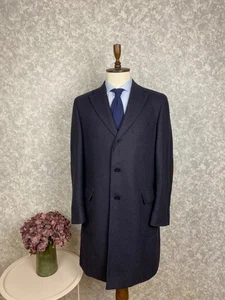 Doriani Milano Dark Blue Wool Cashmere Suede Trim Italian Top Coat Overcoat 44 - Picture 1 of 12
