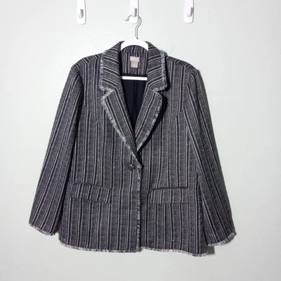 Chaqueta Blazer Chico's Talla 3/XL Tweed Azul Marino Blanco Rayas Flecos Estrás Foto 1 de 4