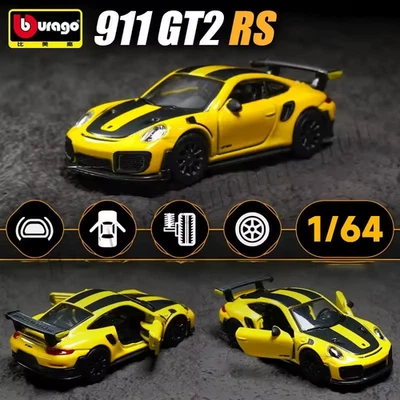 Coche deportivo de carreras de metal fundido a presión Bburago 1/64 Porsche 911 GT2 RS amarillo Foto 1 de 4