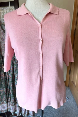 Dana Buchman Collared Half Sleeve 3/4 Button Front Top Pink Sze M Cotton Knit - Image 1 of 4