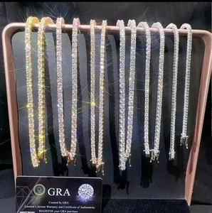 Genuine Moissanite Tennis Chain – Solid 925 Silver, White/Gold Plated, GRA Cert. - Picture 1 of 8