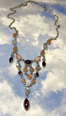 Nicky Butler Sterling Silver Peach Moonstone Garnet Opal Waterfall Necklace 20” - Image 1 of 4