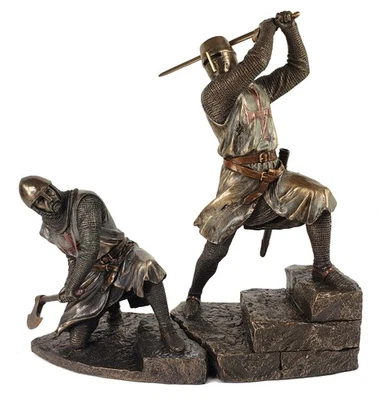 VERONESE Pair of Medieval Times Templar Knights on Stairs Fighting Statue Bronze Color