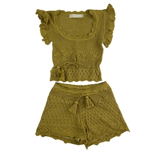 Happy X Nature Mustard Crochet Ruffle Sleeve Tasseled Crop Top and Shorts XXS - Picture 1 of 10